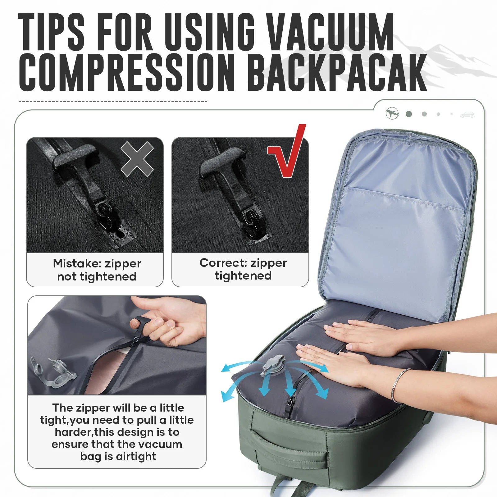 Cabin Backpack 40x30x20 – Compression Travel Bag with Pump