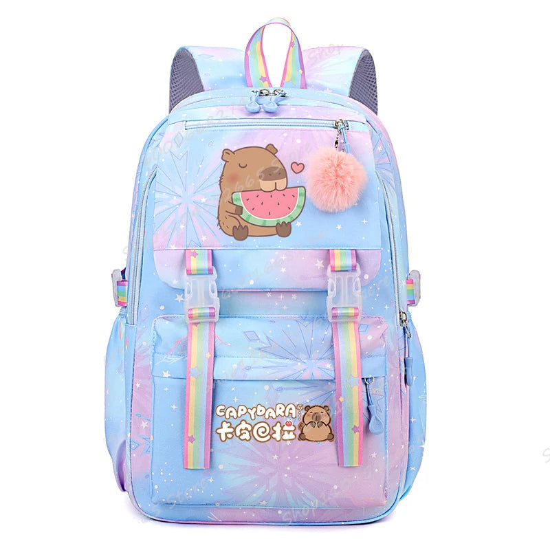 Capybara Cartoon School Backpack - Cute Watermelon Print Bag for Kids & Teens