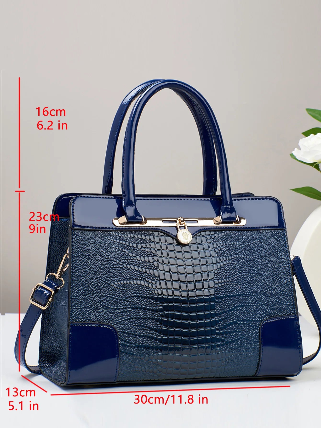 Fashion Glossy Satchel Purse Crocodile Pattern Handbag