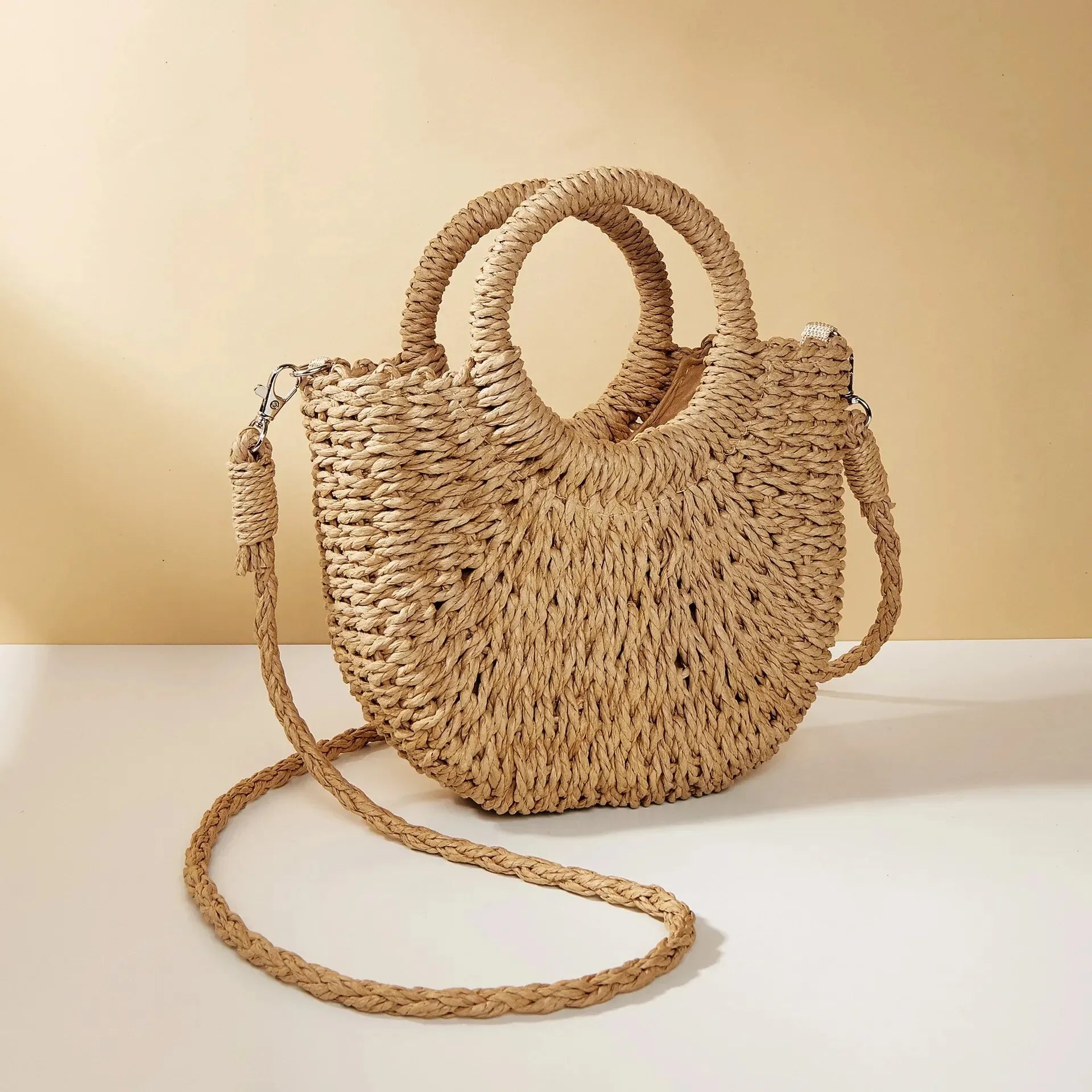 Handwoven Straw Half-Moon Crossbody Bag – Large Capacity Beach