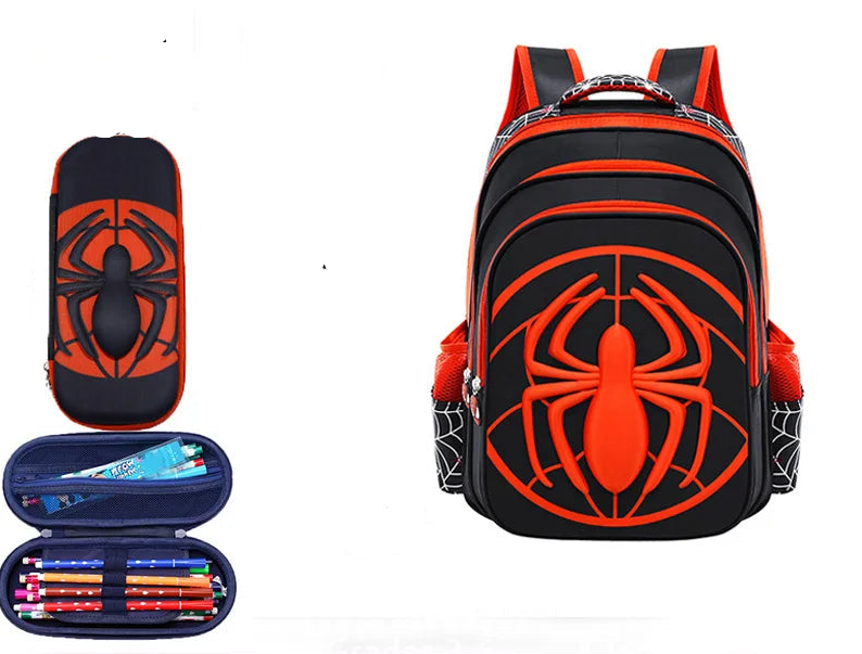 Kids Cartoon Spider Backpack - Durable Primary School Bag Set