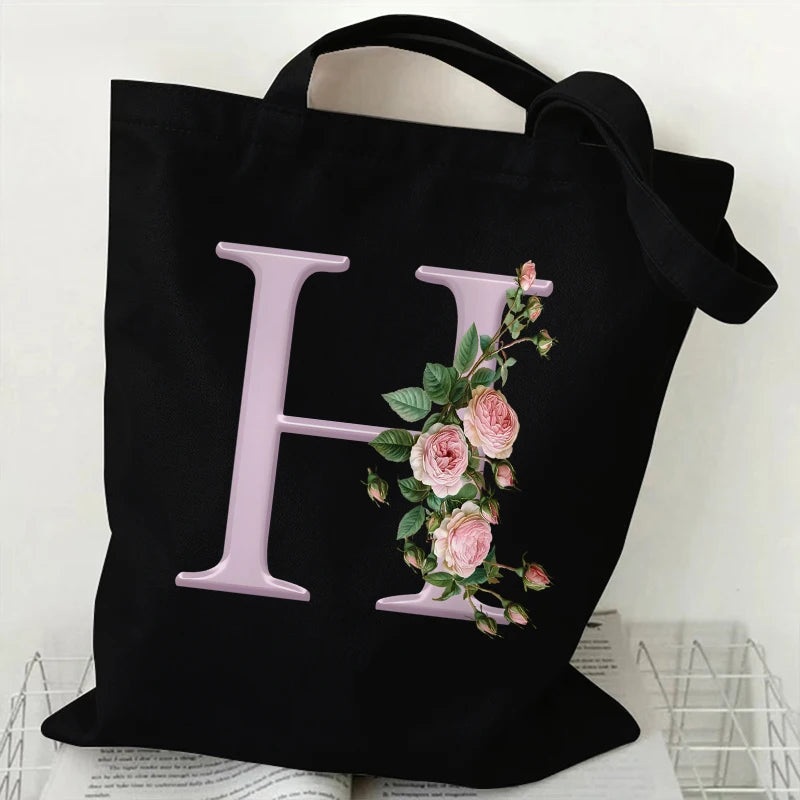 Trendy Women’s Canvas Tote – Aesthetic Alphabet Roses Shoulder Bag
