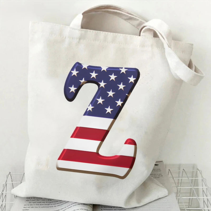 A–Z Alphabet Canvas Tote Bag – American Flag Print Y2K Aesthetic Handbag