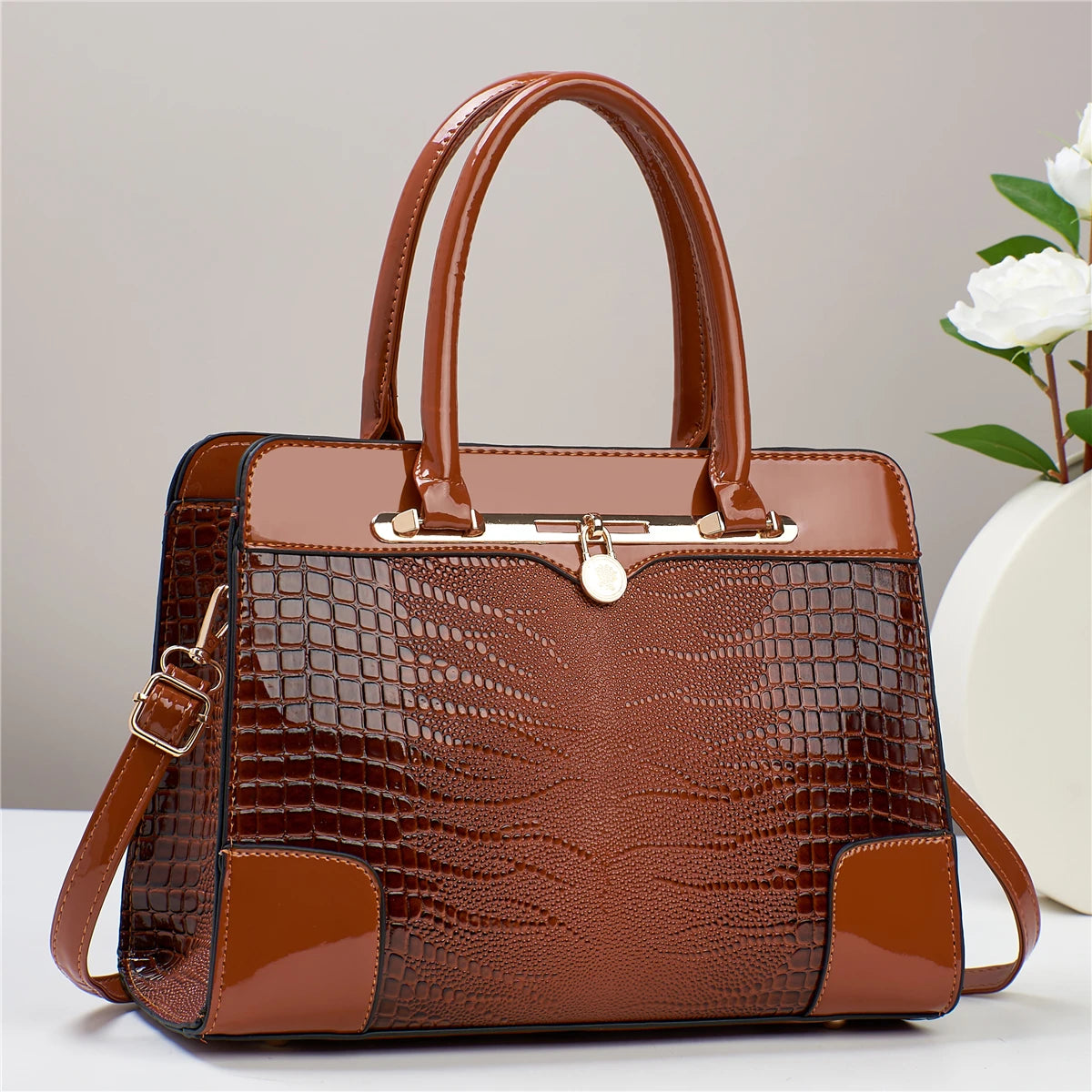 Fashion Glossy Satchel Purse Crocodile Pattern Handbag