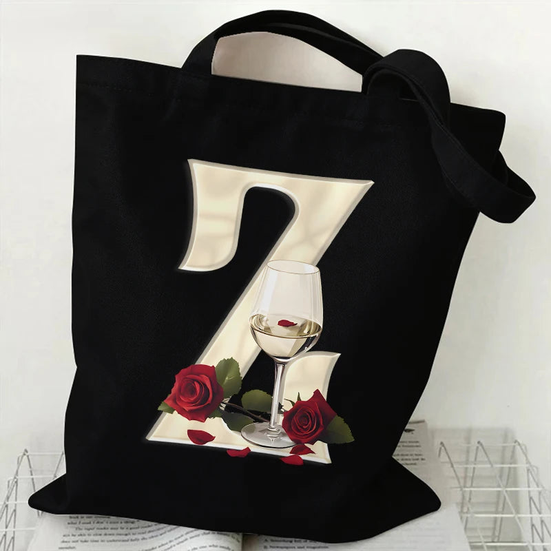 Fashion A–Z Letter Rose Print Tote Bag for Women