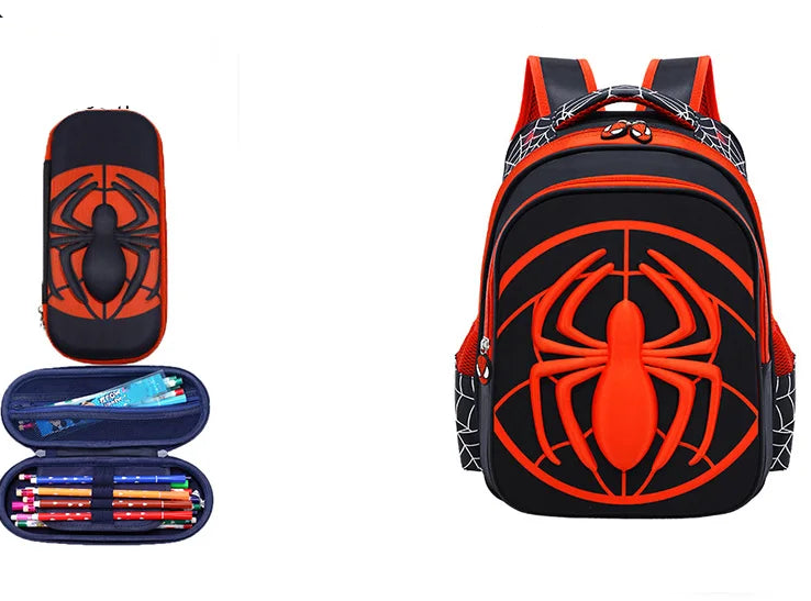 Kids Cartoon Spider Backpack - Durable Primary School Bag Set