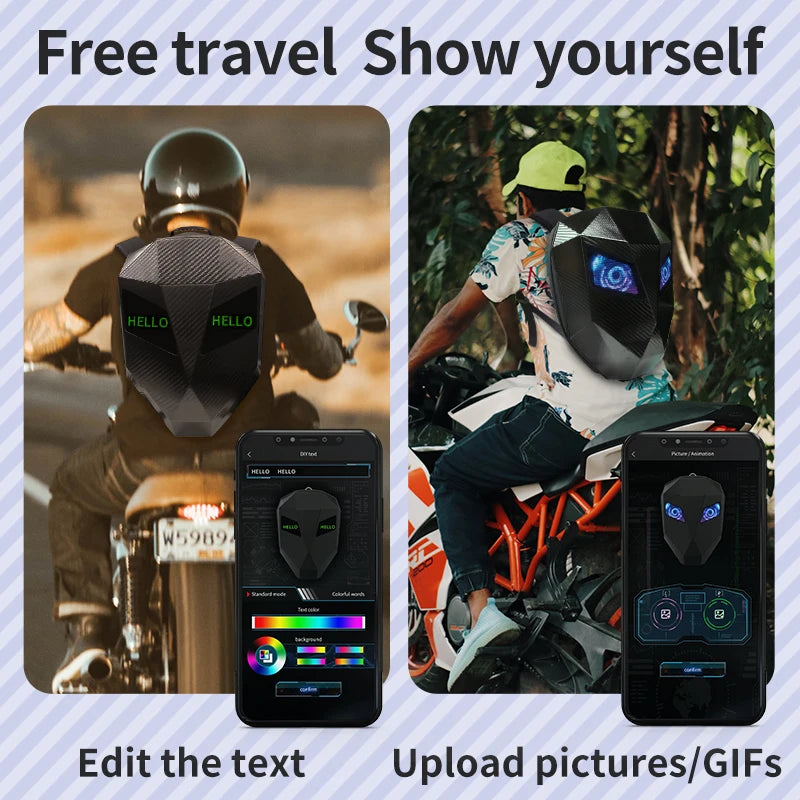Bluetooth LED Motorcycle Backpack – Hard Shell Helmet Bag with Luminous Eyes