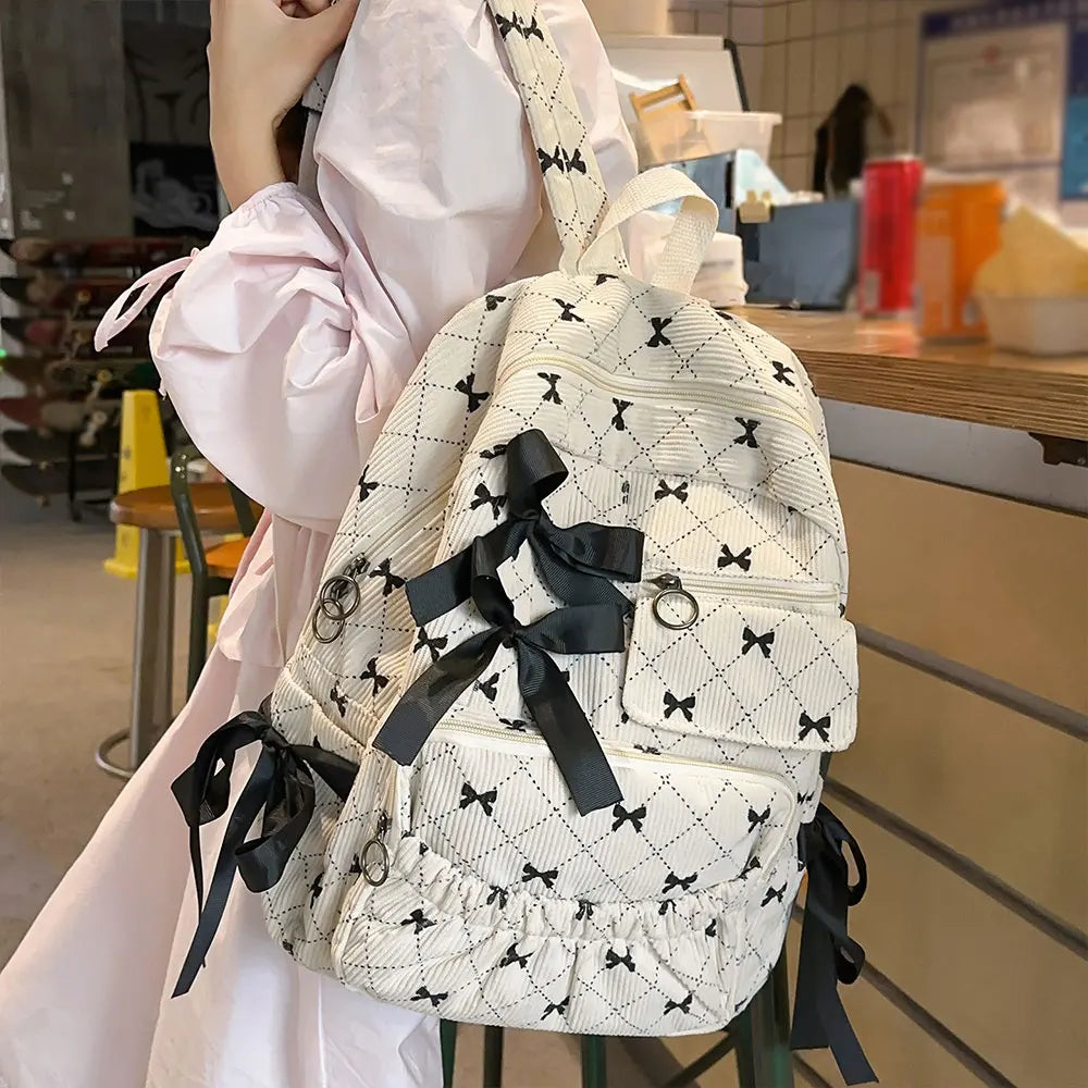 Corduroy Bow School bag  – Versatile Korean Style Backpack