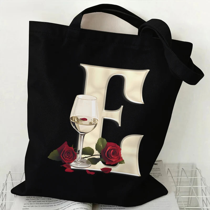 Fashion A–Z Letter Rose Print Tote Bag for Women