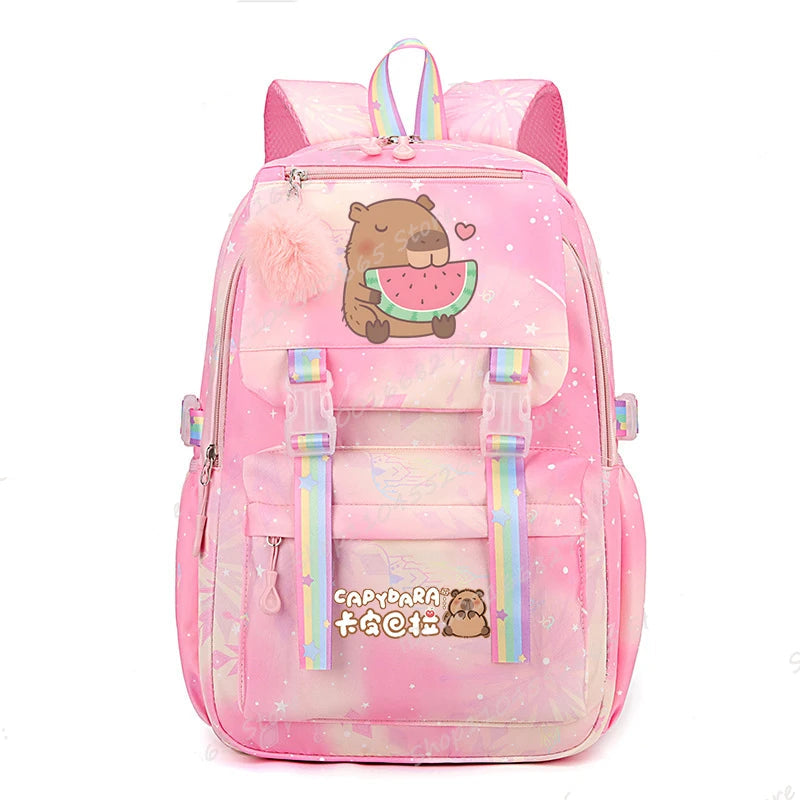 Capybara Cartoon School Backpack - Cute Watermelon Print Bag for Kids & Teens