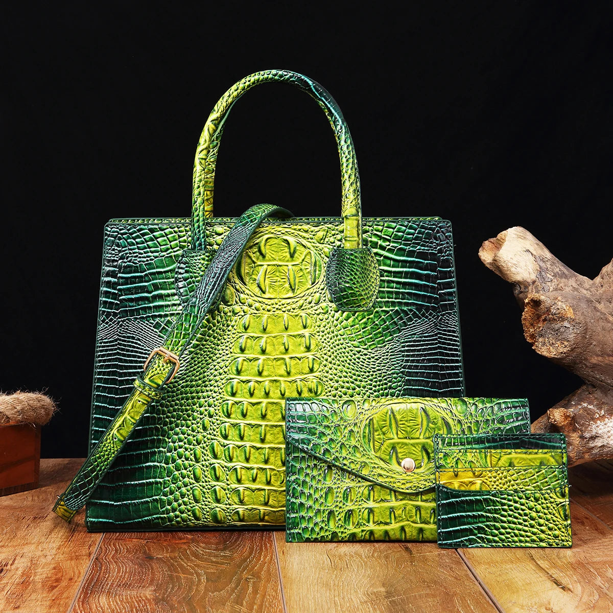 3-Piece Crocodile Pattern Handbag– Vintage Top Handle Bag, Crossbody Purse