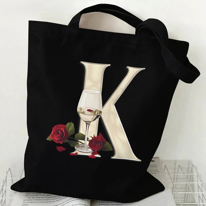 Fashion A–Z Letter Rose Print Tote Bag for Women