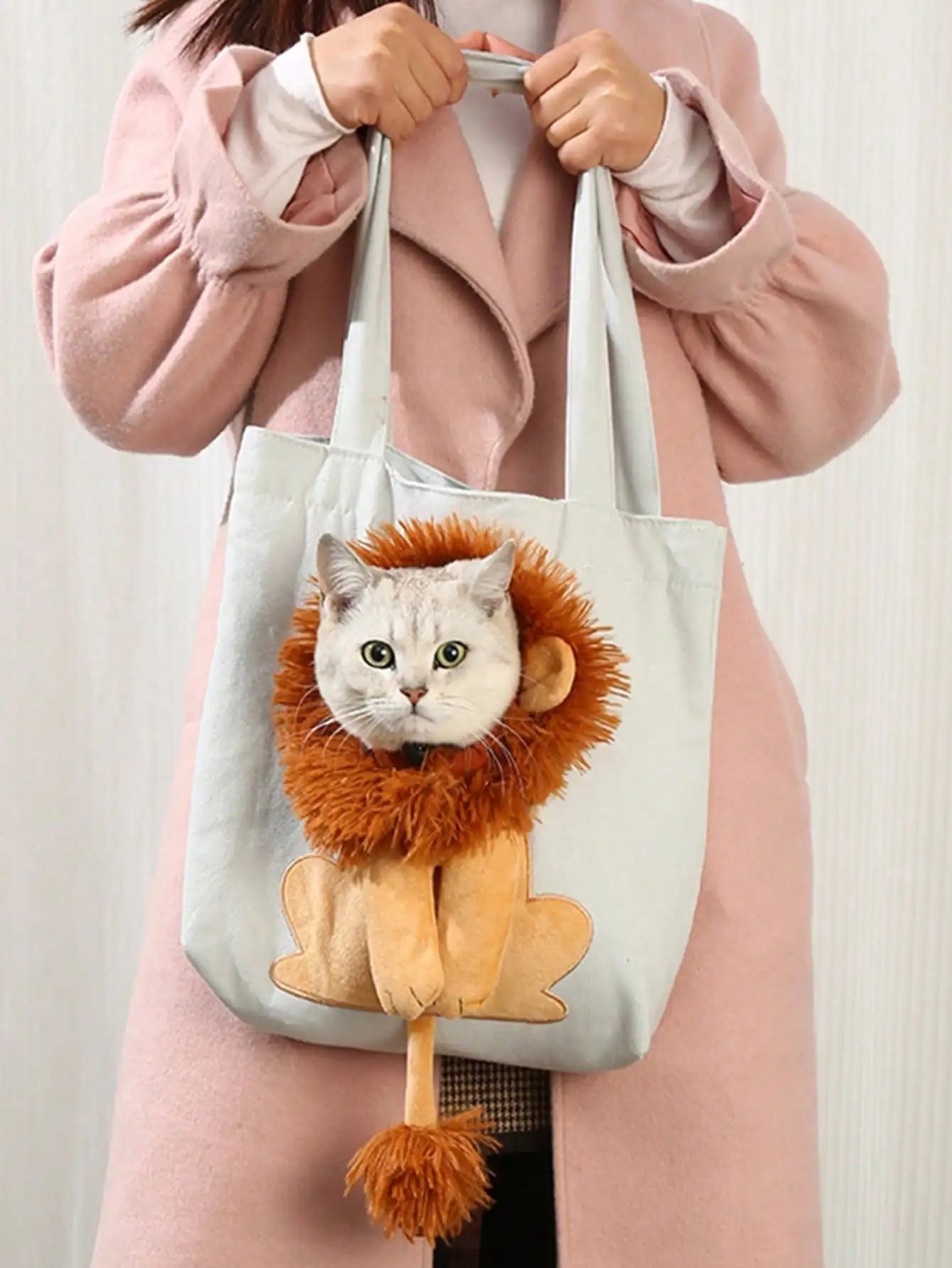 Lion-Shaped Pet Canvas Shoulder Bag – Cute Cat Carrier Tote for Outdoor Travel