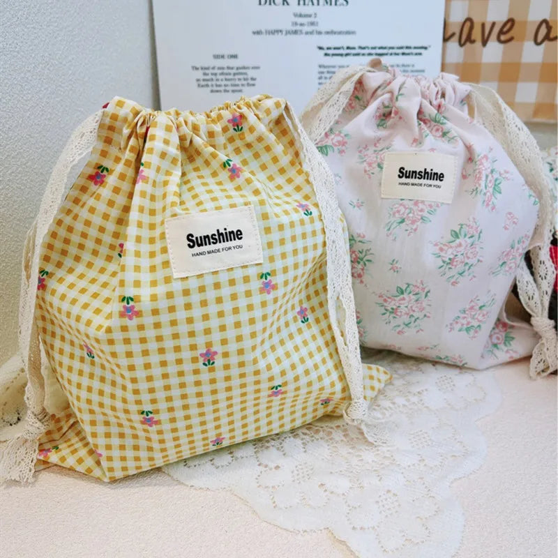 Flower Print Cotton Drawstring Bag