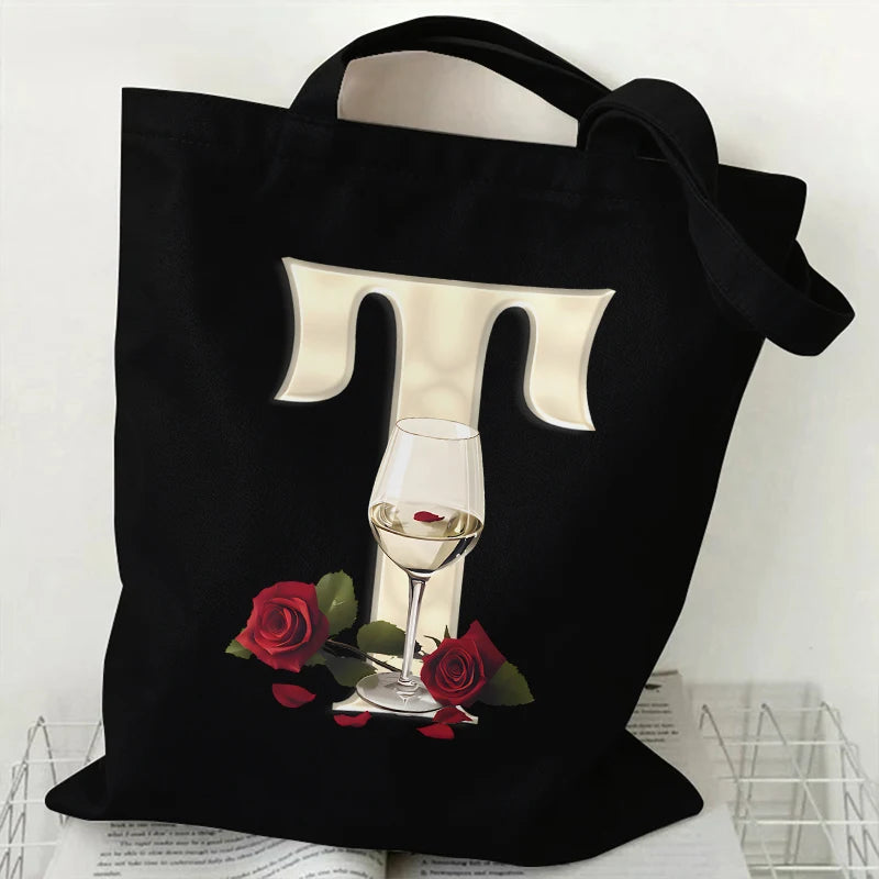 Fashion A–Z Letter Rose Print Tote Bag for Women