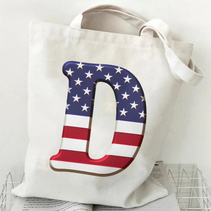 A–Z Alphabet Canvas Tote Bag – American Flag Print Y2K Aesthetic Handbag