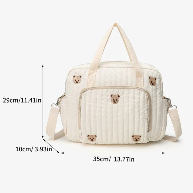 Cute Bear Embroidered Baby Diaper Bag – Beige Cotton Mommy Handbag