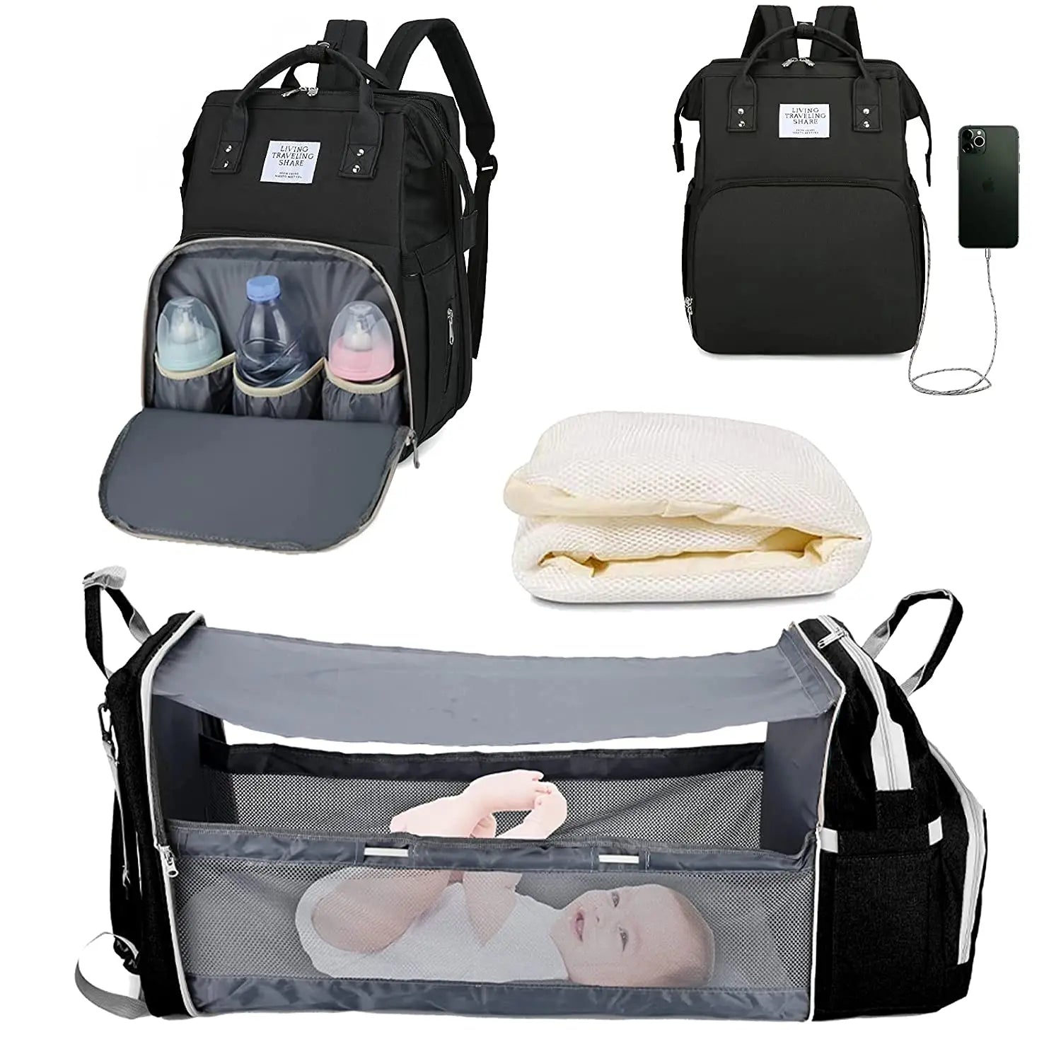 3-in-1 Diaper Bag Backpack with Foldable Baby Bed & USB Charging