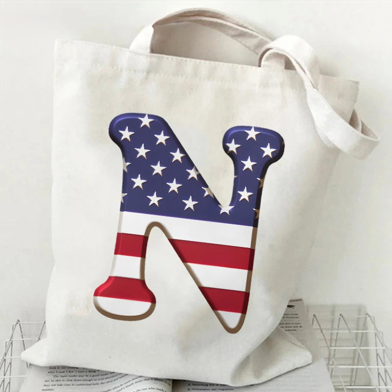A–Z Alphabet Canvas Tote Bag – American Flag Print Y2K Aesthetic Handbag