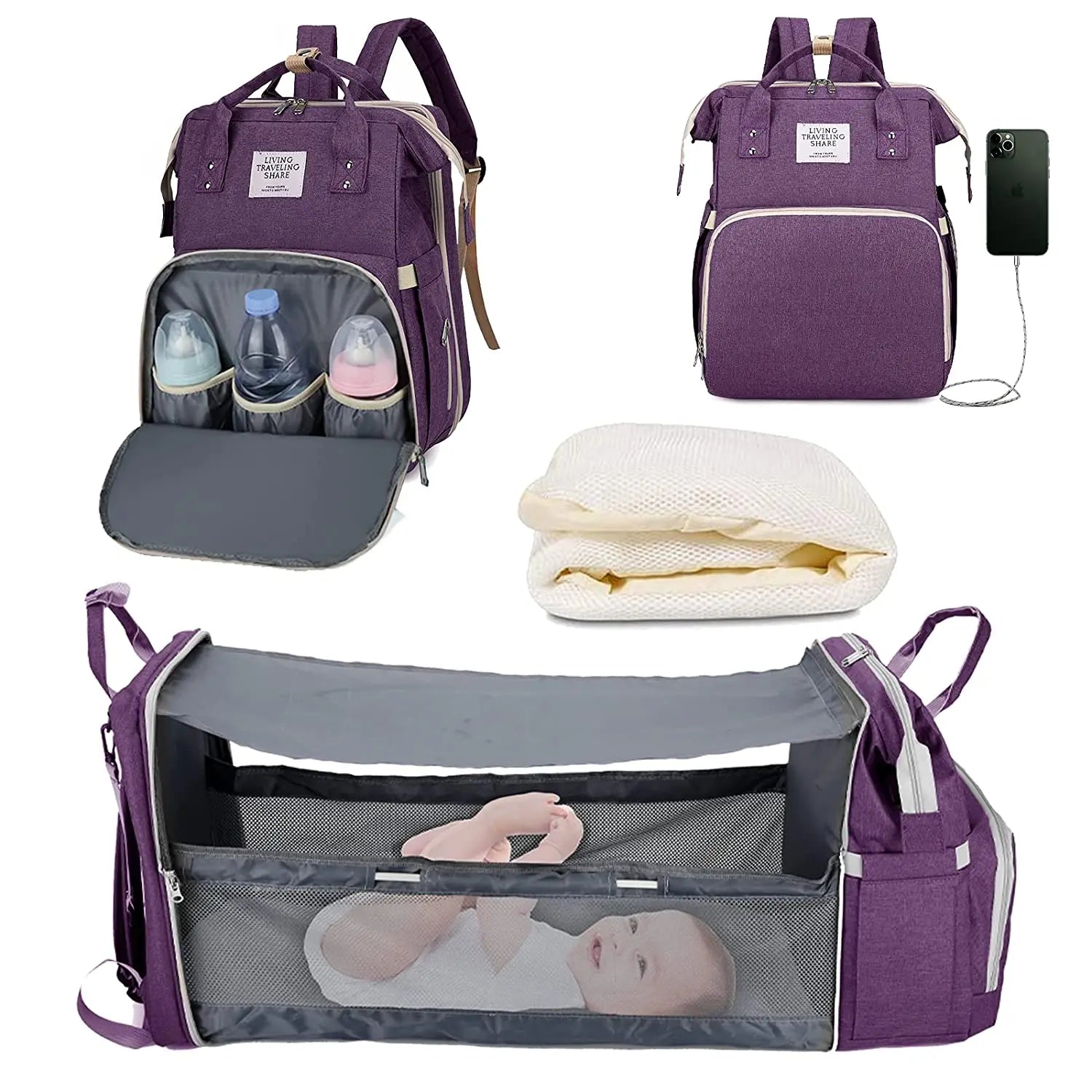 3-in-1 Diaper Bag Backpack with Foldable Baby Bed & USB Charging