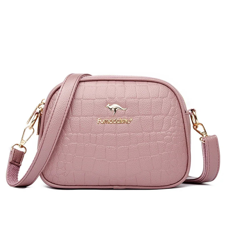 Elegant Triple-Zip Handbag – Croc-Texture PU Leather Crossbody Bag