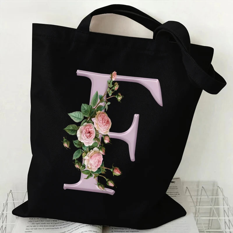 Trendy Women’s Canvas Tote – Aesthetic Alphabet Roses Shoulder Bag