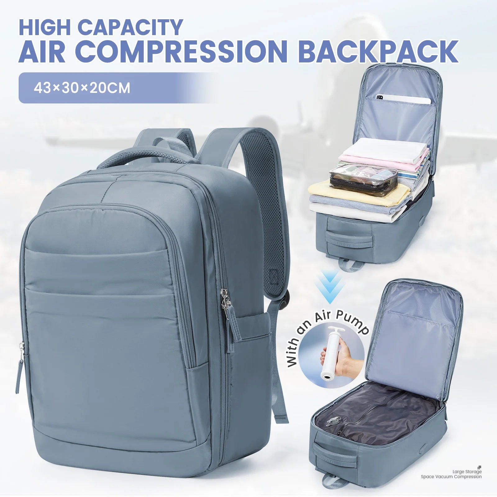 Cabin Backpack 40x30x20 – Compression Travel Bag with Pump