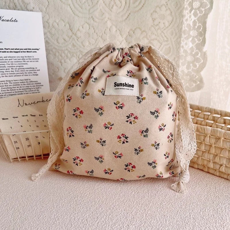Flower Print Cotton Drawstring Bag