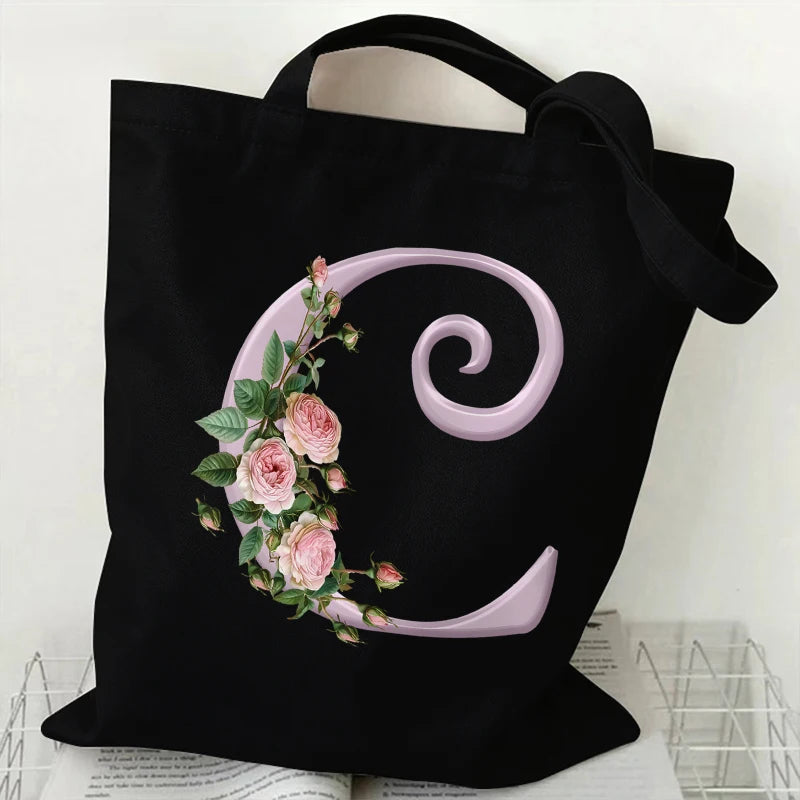 Trendy Women’s Canvas Tote – Aesthetic Alphabet Roses Shoulder Bag