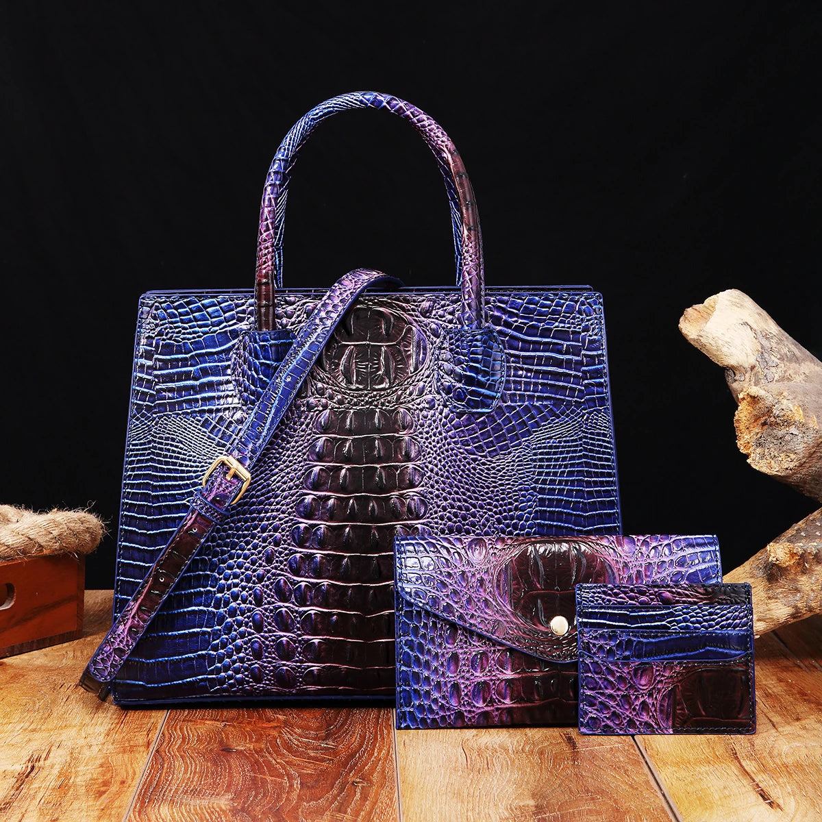 3-Piece Crocodile Pattern Handbag– Vintage Top Handle Bag, Crossbody Purse