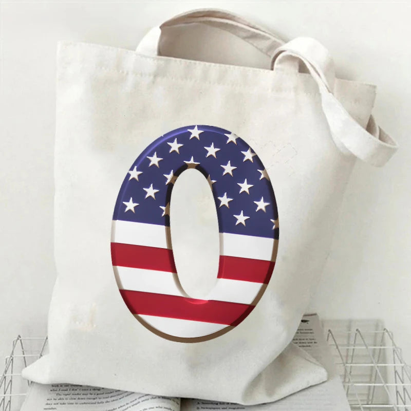 A–Z Alphabet Canvas Tote Bag – American Flag Print Y2K Aesthetic Handbag