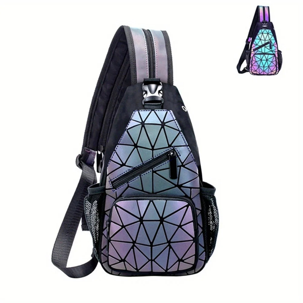 Geometric Luminous Holographic Backpack – Large Capacity Reflective Crossbody Bag