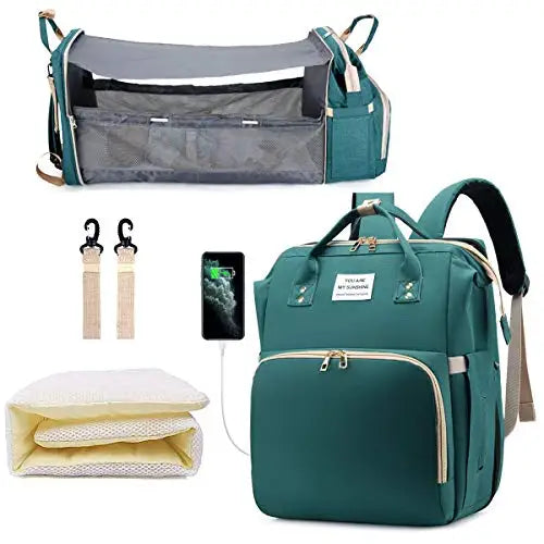 3-in-1 Diaper Bag Backpack with Foldable Baby Bed & USB Charging