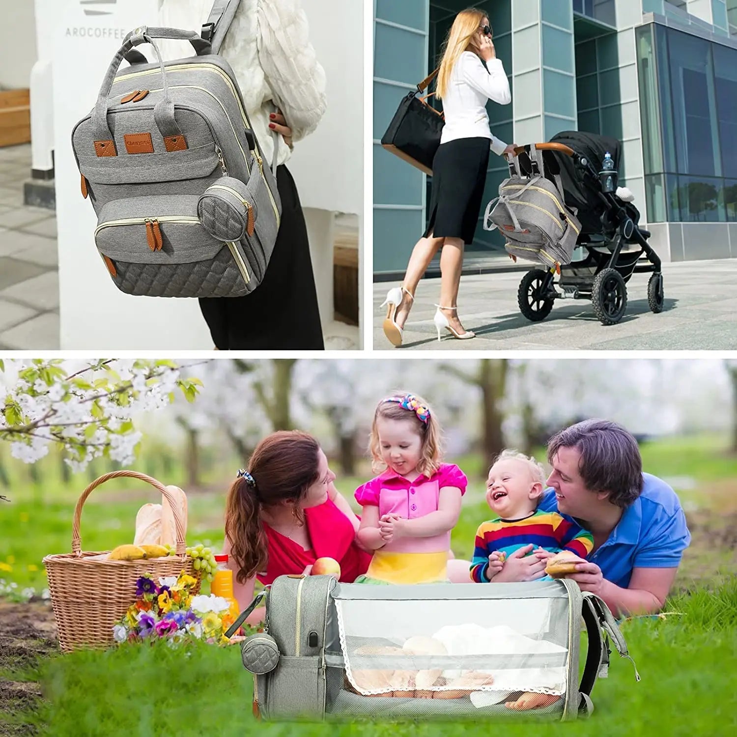 3-in-1 Diaper Bag Backpack with Foldable Baby Bed & USB Charging