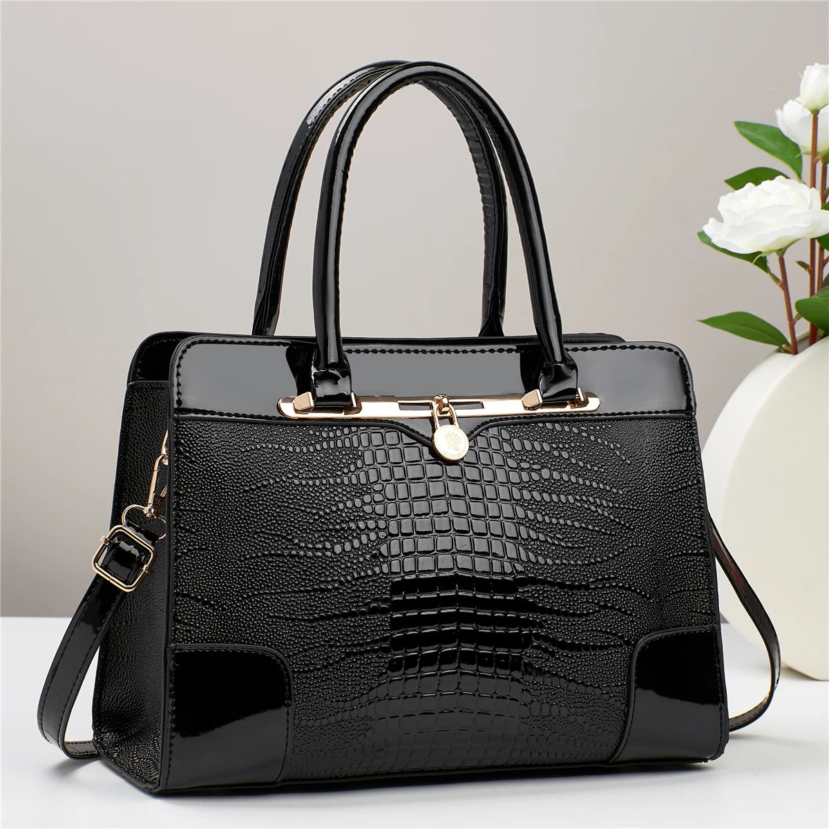 Fashion Glossy Satchel Purse Crocodile Pattern Handbag