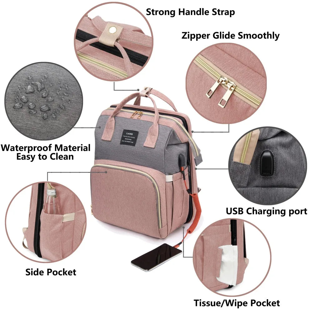 Lightweight Foldable Crib Baby Diaper Bag – Large Capacity Travel Maternity Backpack for Moms