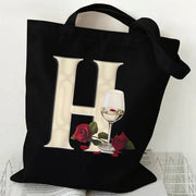 Fashion A–Z Letter Rose Print Tote Bag for Women