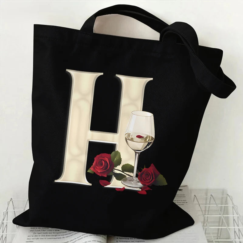 Fashion A–Z Letter Rose Print Tote Bag for Women