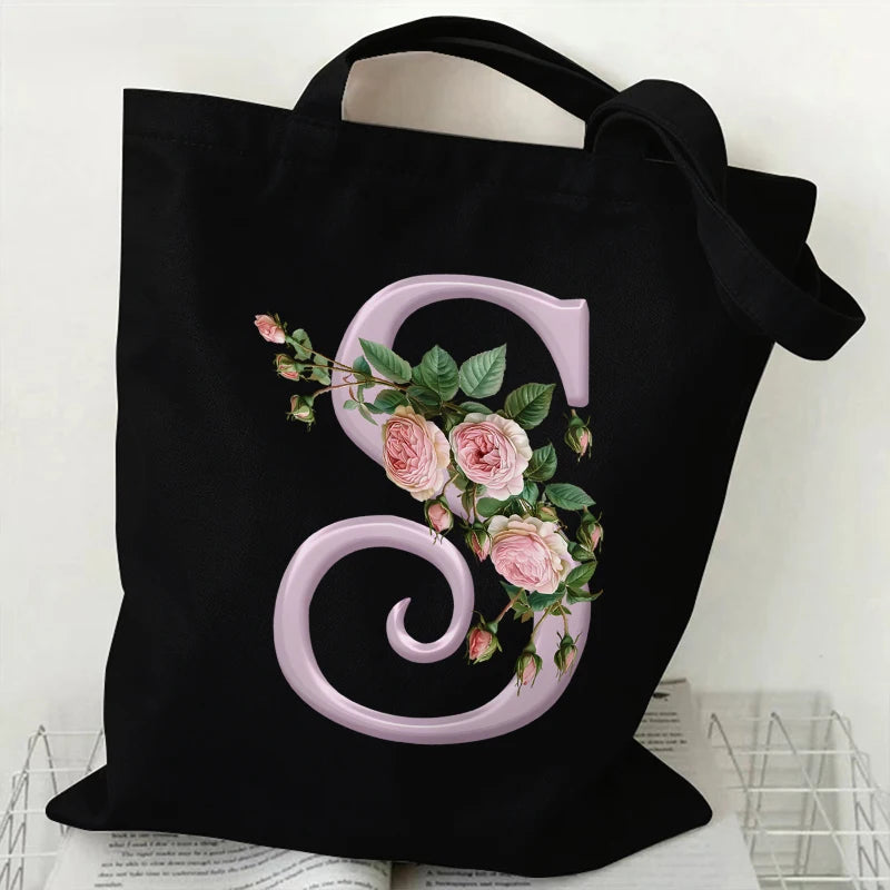 Trendy Women’s Canvas Tote – Aesthetic Alphabet Roses Shoulder Bag