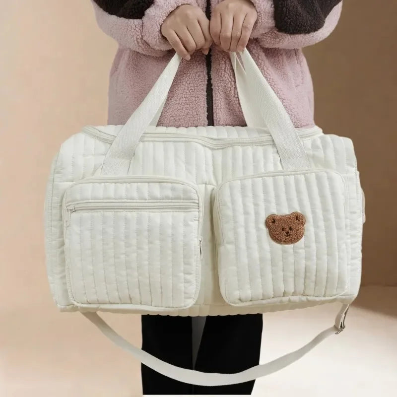 Cute Bear Embroidered Baby Diaper Bag – Beige Cotton Mommy Handbag