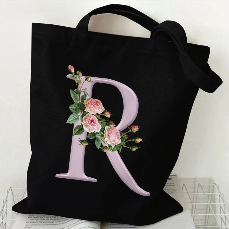 Trendy Women’s Canvas Tote – Aesthetic Alphabet Roses Shoulder Bag