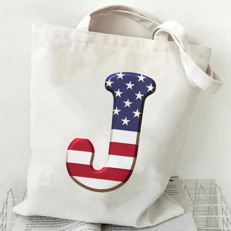 A–Z Alphabet Canvas Tote Bag – American Flag Print Y2K Aesthetic Handbag