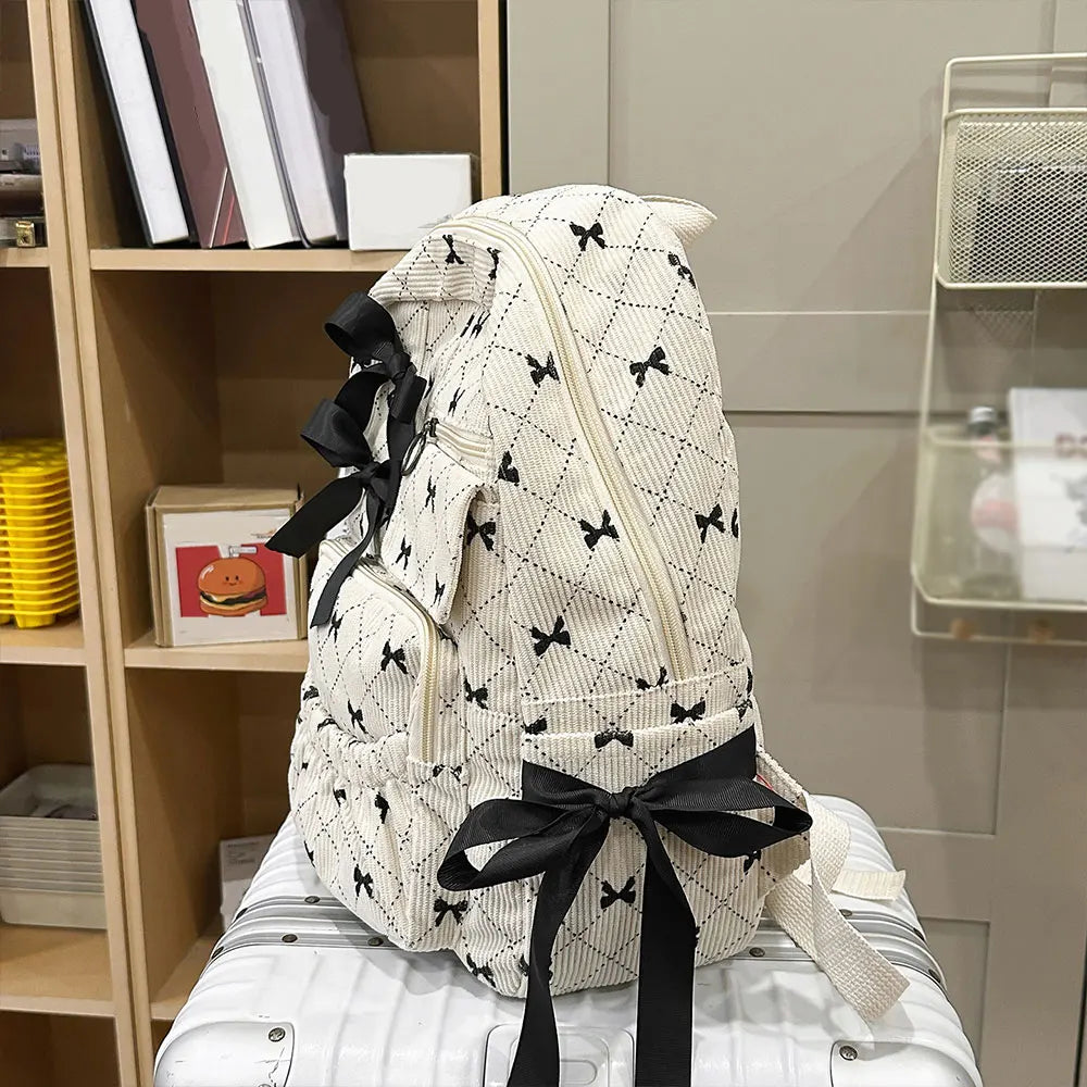 Corduroy Bow School bag  – Versatile Korean Style Backpack