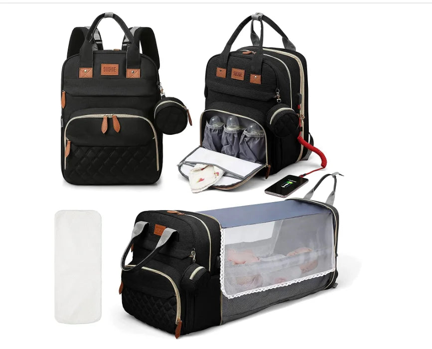 3-in-1 Diaper Bag Backpack with Foldable Baby Bed & USB Charging