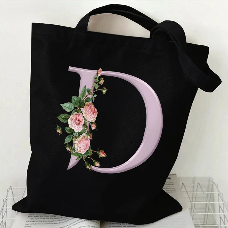 Trendy Women’s Canvas Tote – Aesthetic Alphabet Roses Shoulder Bag