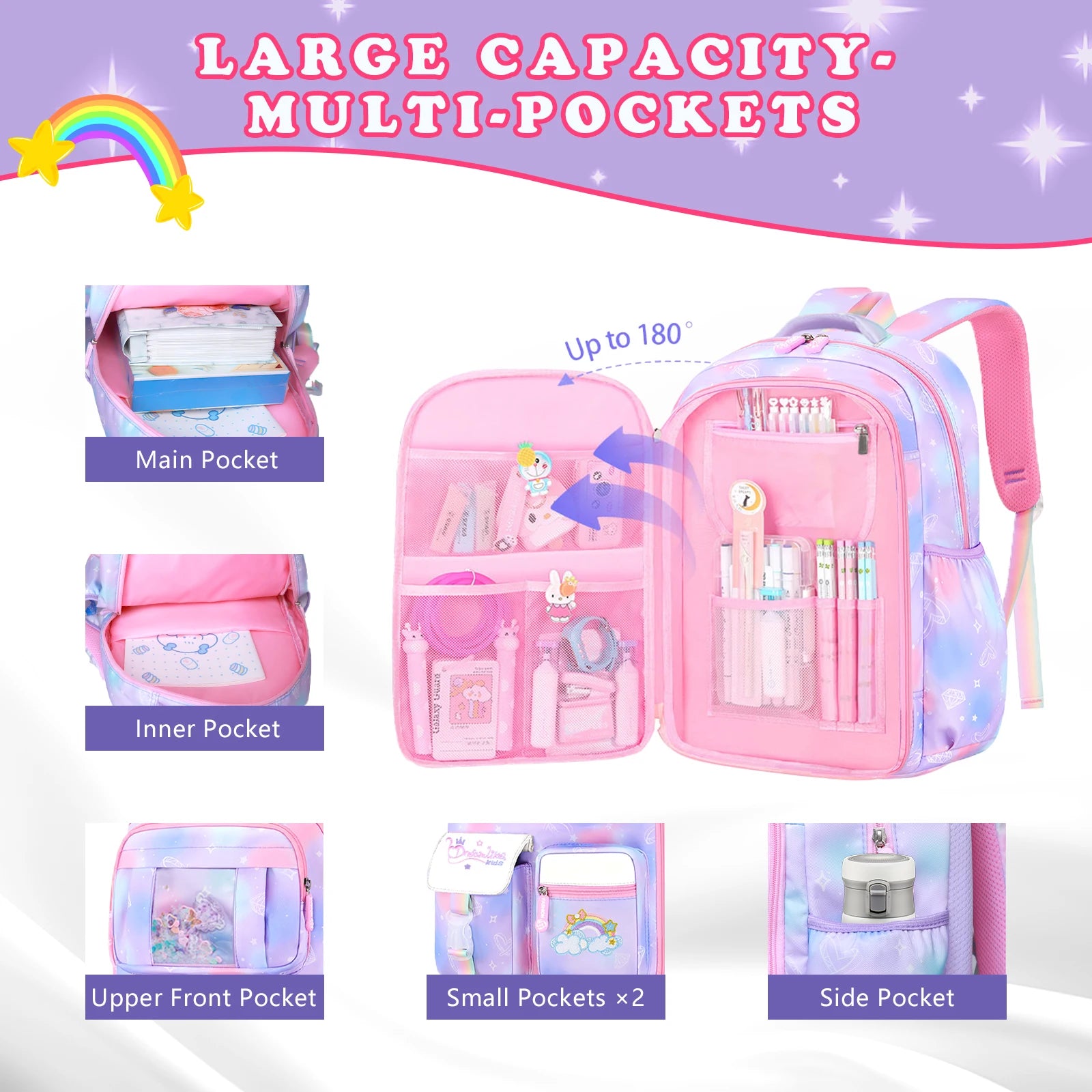 3Pcs Girls Backpack Set – Waterproof School Bag with Lunch & Pencil Case