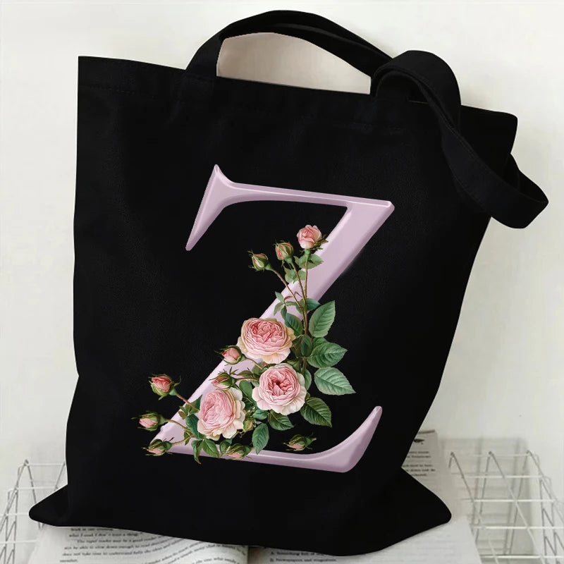 Trendy Women’s Canvas Tote – Aesthetic Alphabet Roses Shoulder Bag