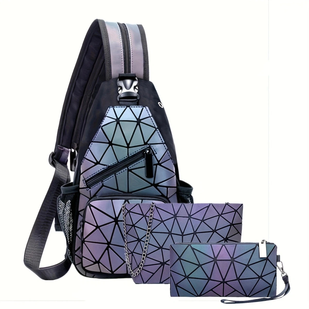 Geometric Luminous Holographic Backpack – Large Capacity Reflective Crossbody Bag