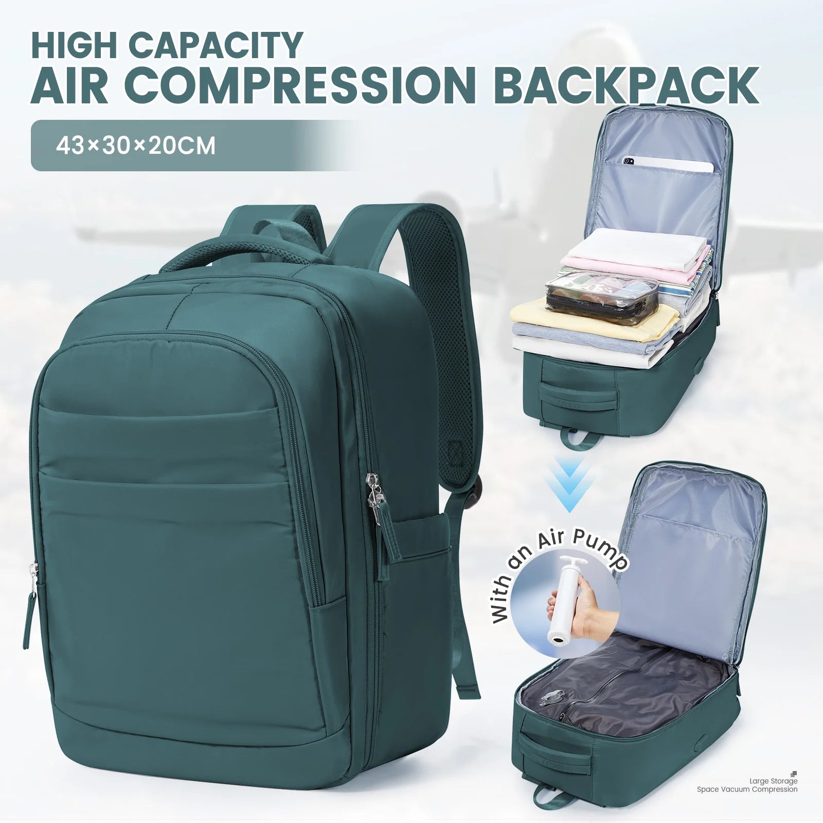 Cabin Backpack 40x30x20 – Compression Travel Bag with Pump