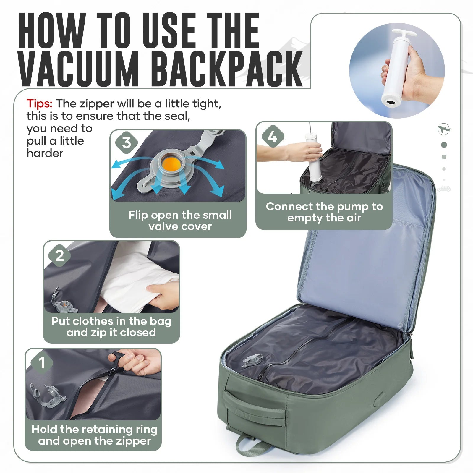 Cabin Backpack 40x30x20 – Compression Travel Bag with Pump